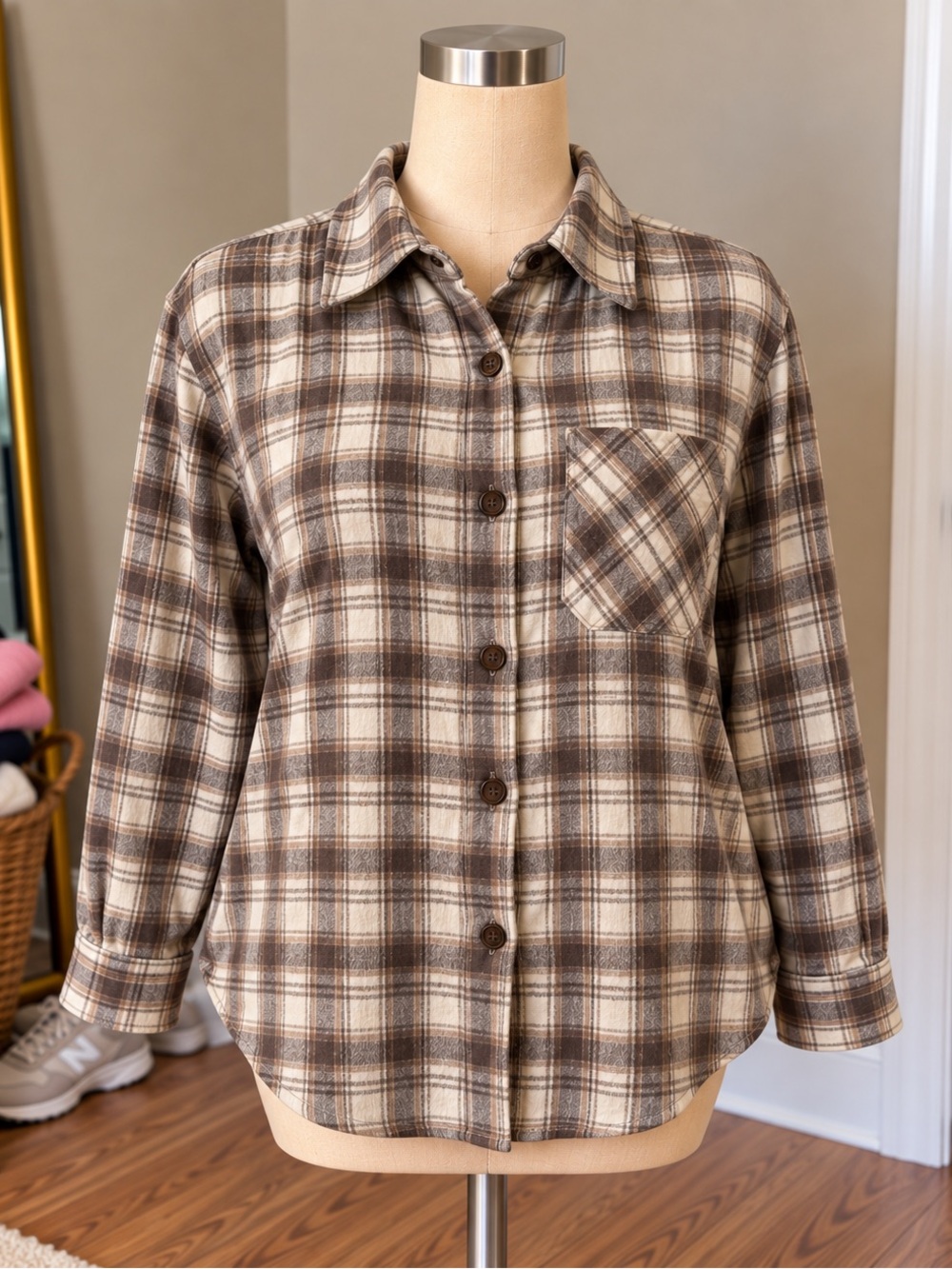 Plaid Button-Front Shirt Jacket in Brown and Cream